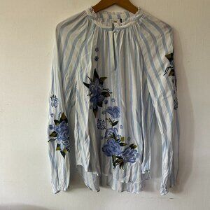 Akemi + Kin Boho Blouse Womens Medium Blue Striped Floral Embroidered Cottage